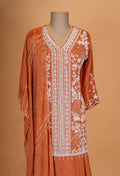 Rust Orange Embroidered Kurta Set with Palazzo & Flowing Cape