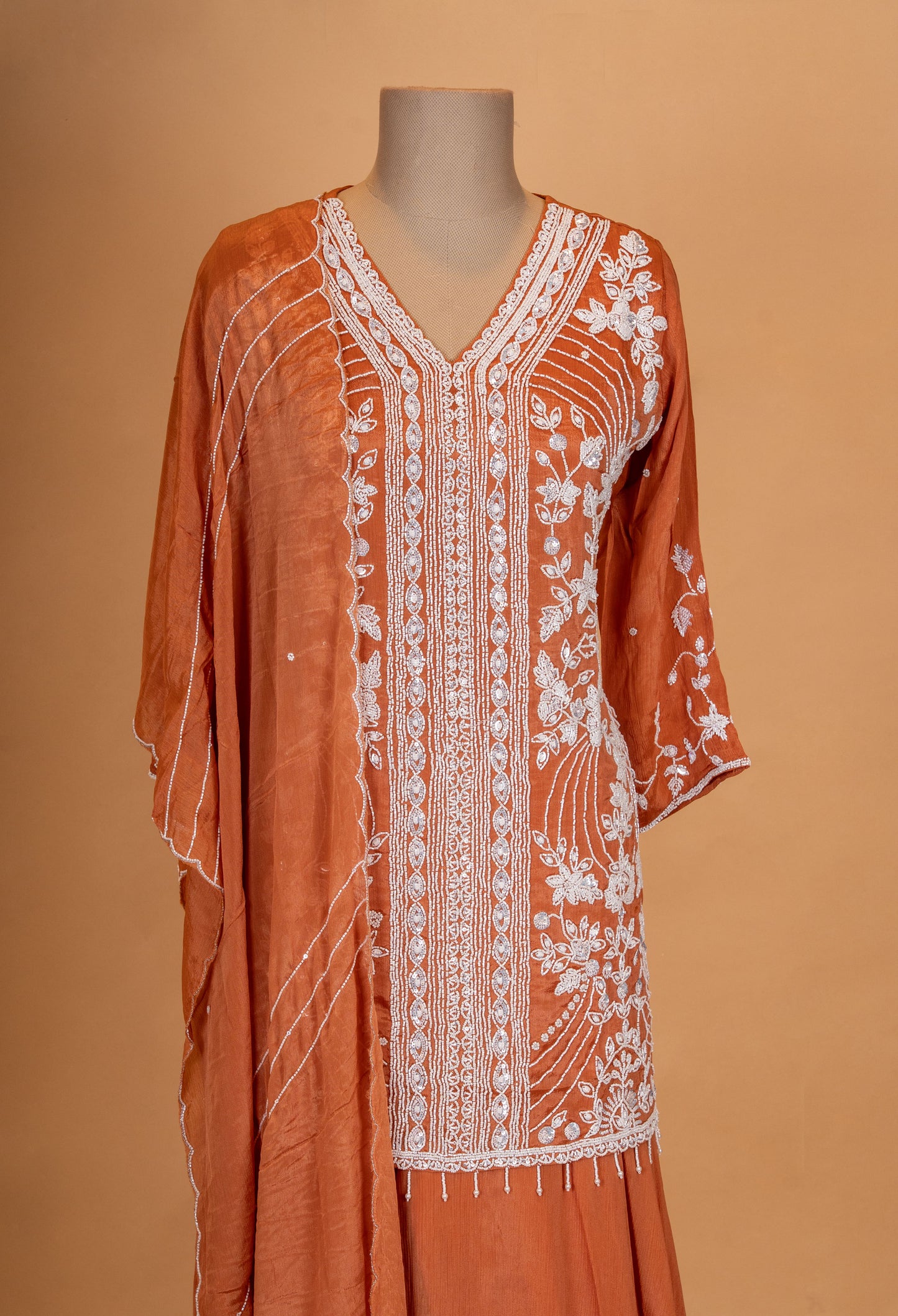 Rust Orange Embroidered Kurta Set with Palazzo & Flowing Cape