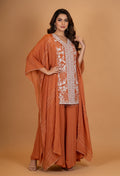 Rust Orange Embroidered Kurta Set with Palazzo & Flowing Cape