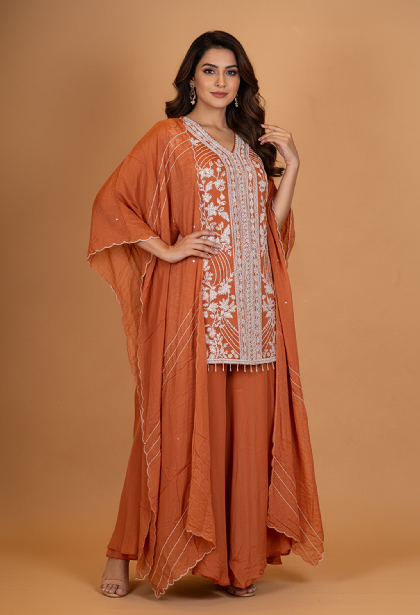 Rust Orange Embroidered Kurta Set with Palazzo & Flowing Cape