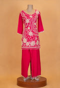 Rani Pink Embroidered Kurta Set with Straight Pants & Sheer Dupatta