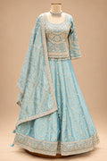 Elegant Ice Blue Designer Lehenga Set with Golden Embroidery & Matching Dupatta