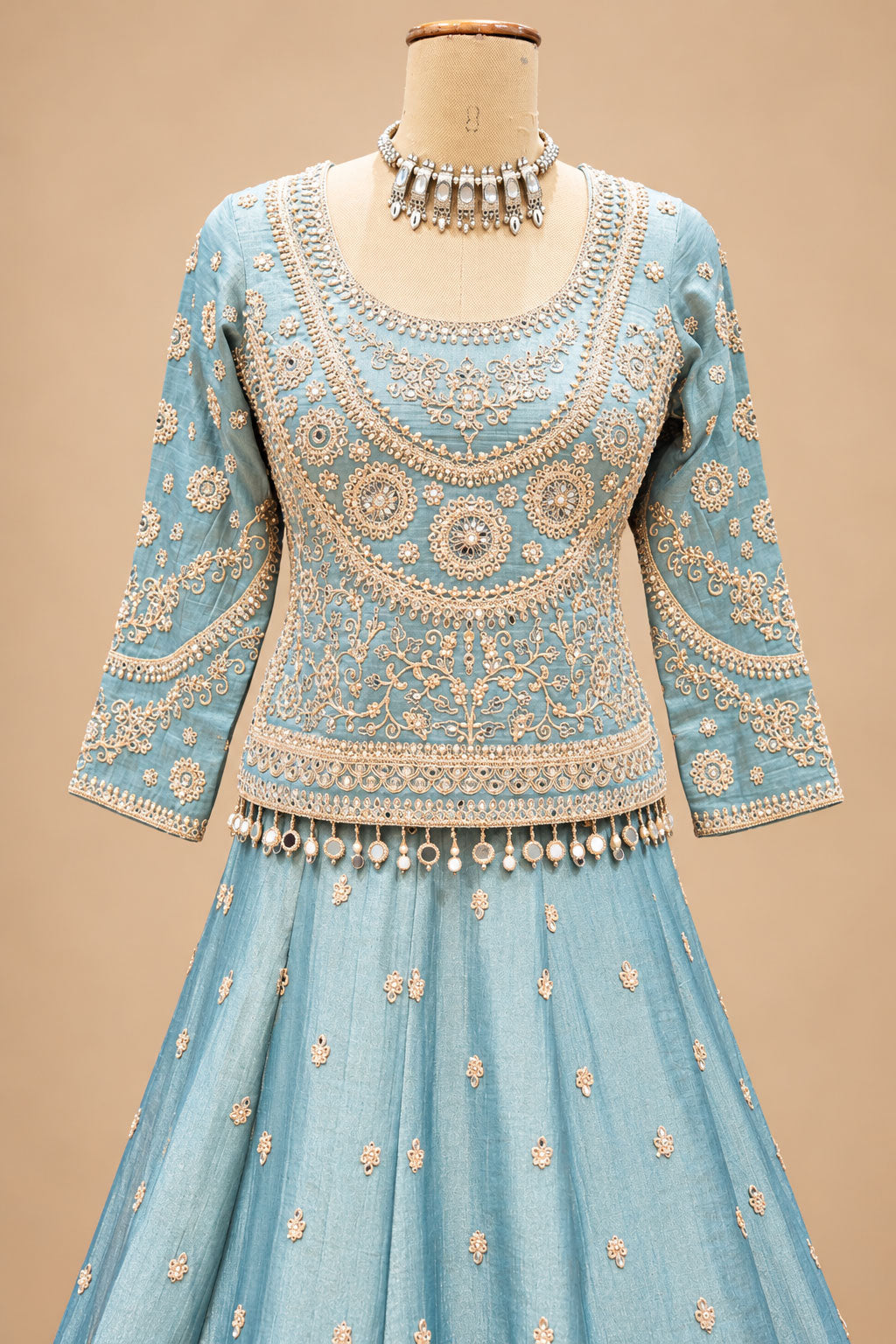 Elegant Ice Blue Designer Lehenga Set with Golden Embroidery & Matching Dupatta