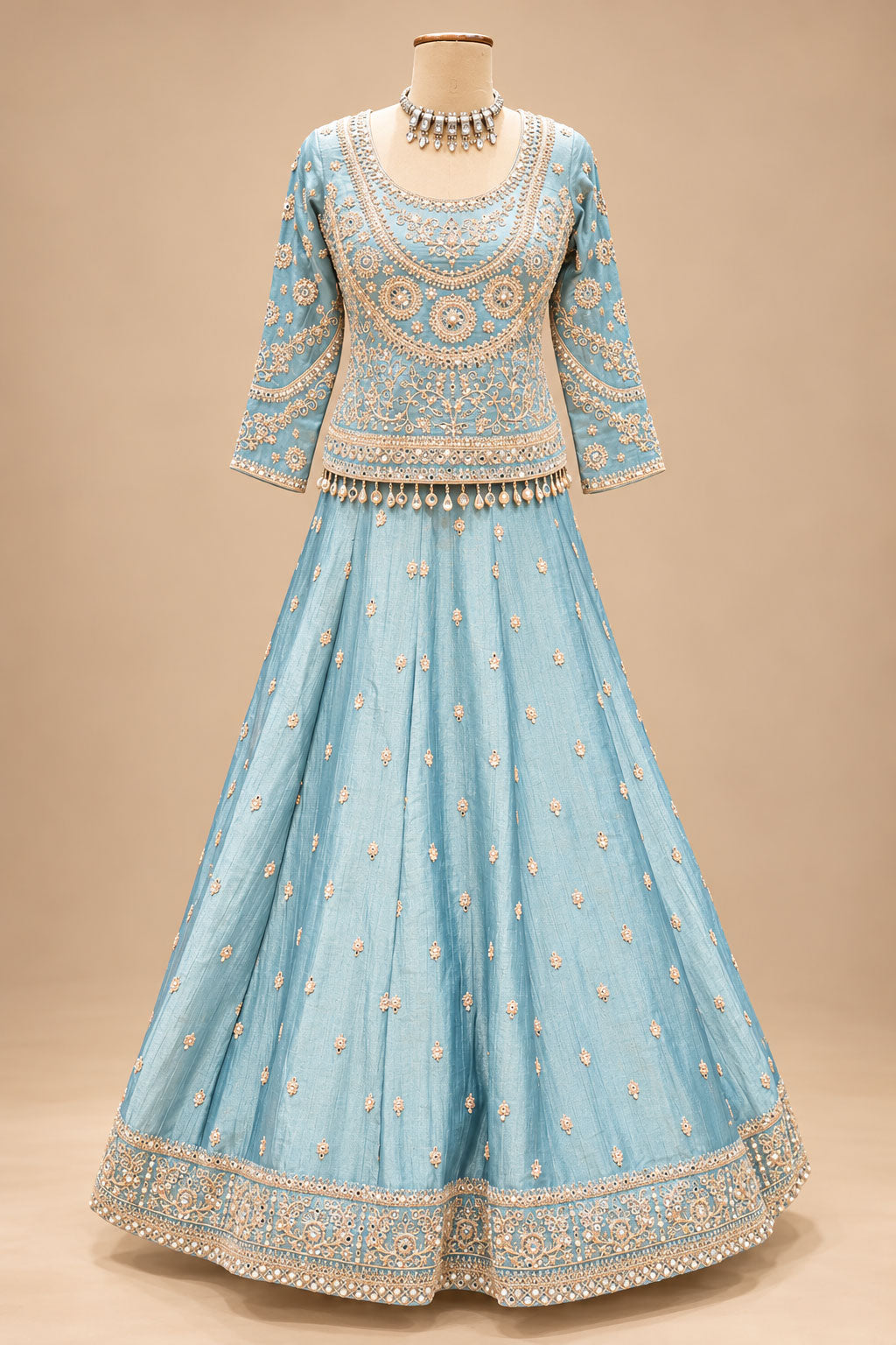 Elegant Ice Blue Designer Lehenga Set with Golden Embroidery & Matching Dupatta