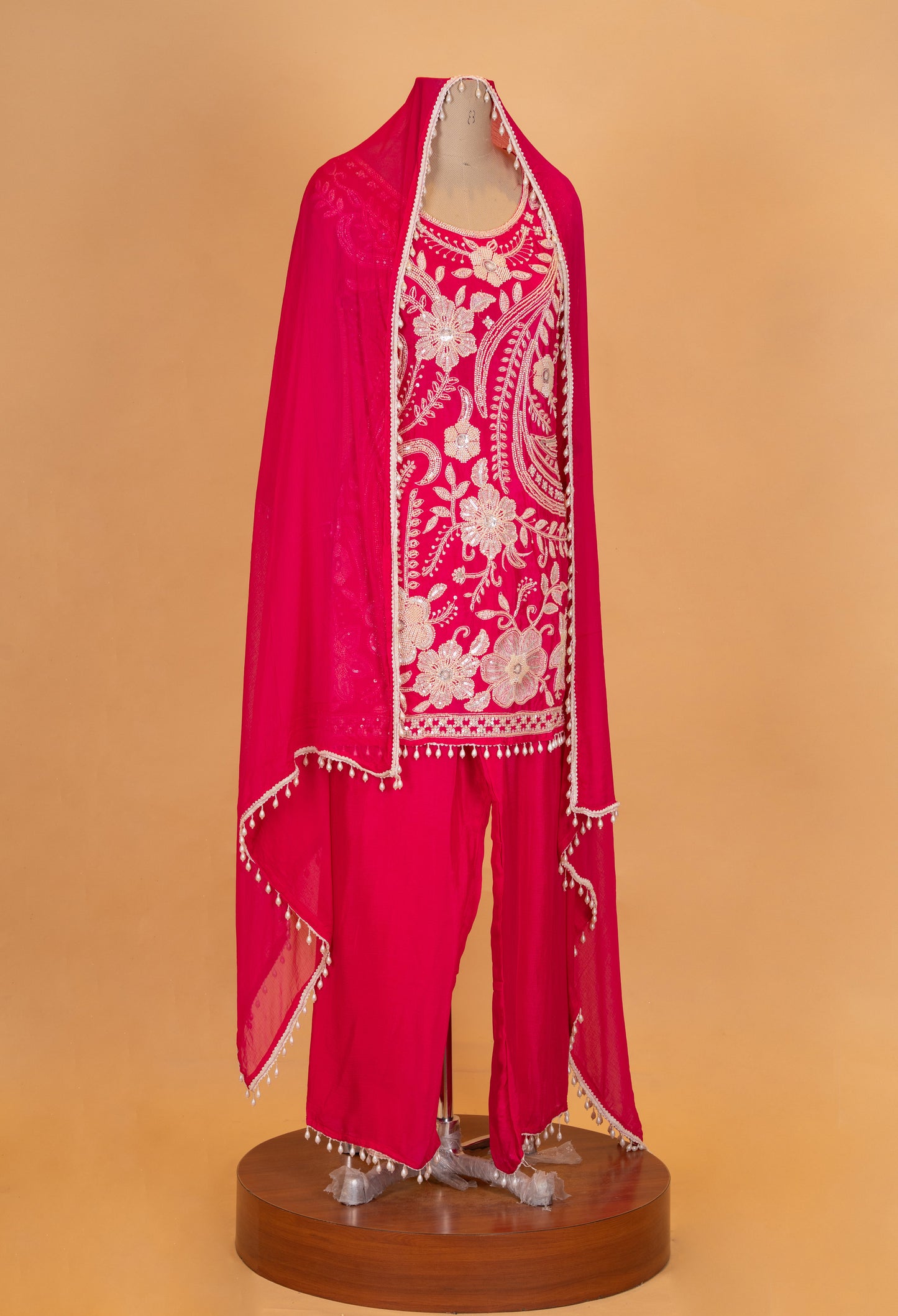 Rani Pink Embroidered Kurta Set with Straight Pants & Sheer Dupatta
