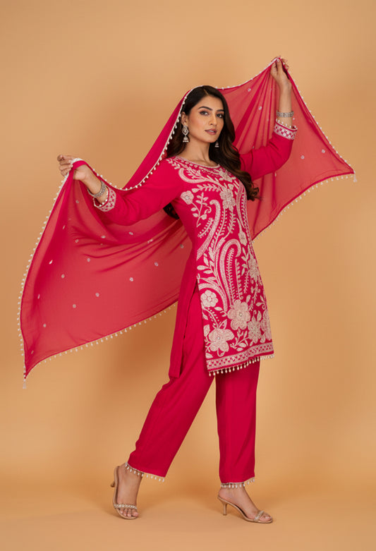 Rani Pink Embroidered Kurta Set with Straight Pants & Sheer Dupatta