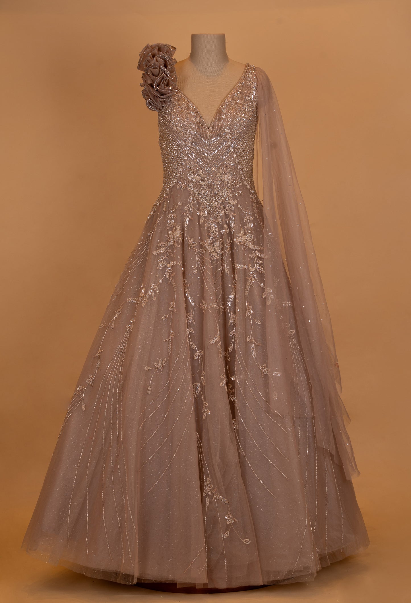 Champagne Beige Embroidered Designer Evening Gown with Cape Dupatta