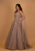 Champagne Beige Embroidered Designer Evening Gown with Cape Dupatta
