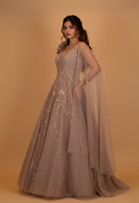 Champagne Beige Embroidered Designer Evening Gown with Cape Dupatta