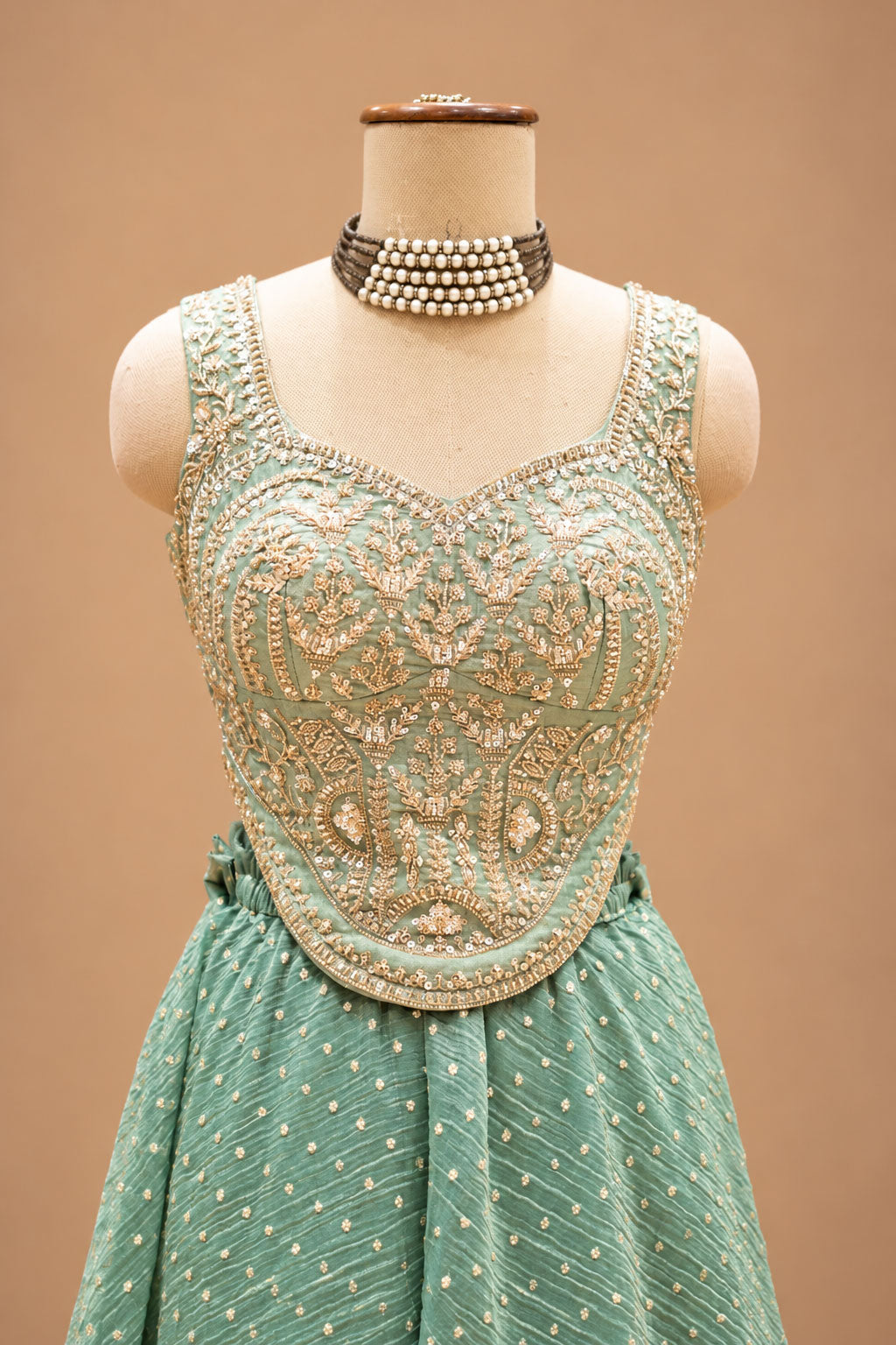 Elegant Mint Green Designer Lehenga Set with Golden Embroidered Blouse & Dupatta