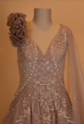 Champagne Beige Embroidered Designer Evening Gown with Cape Dupatta