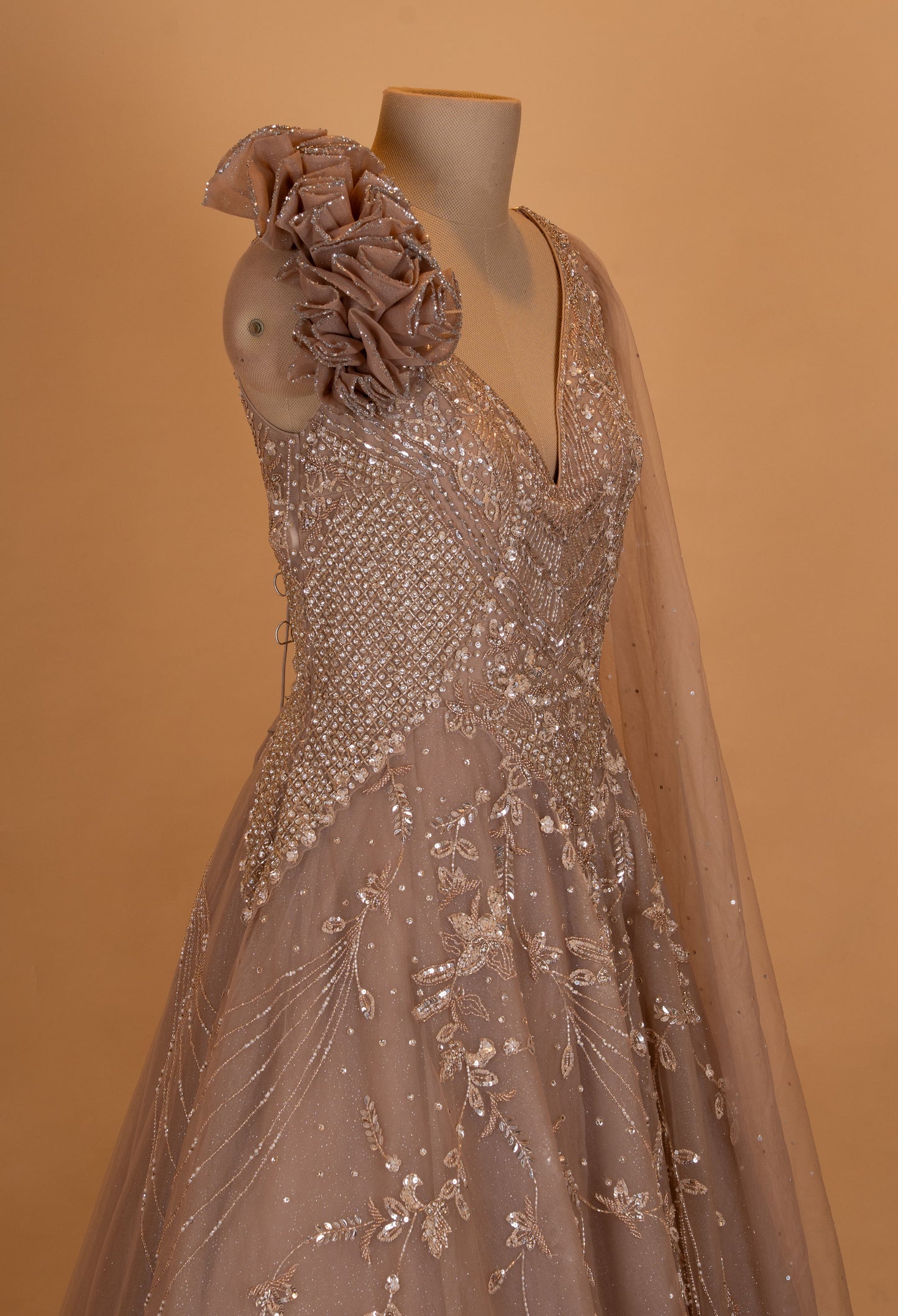 Champagne Beige Embroidered Designer Evening Gown with Cape Dupatta