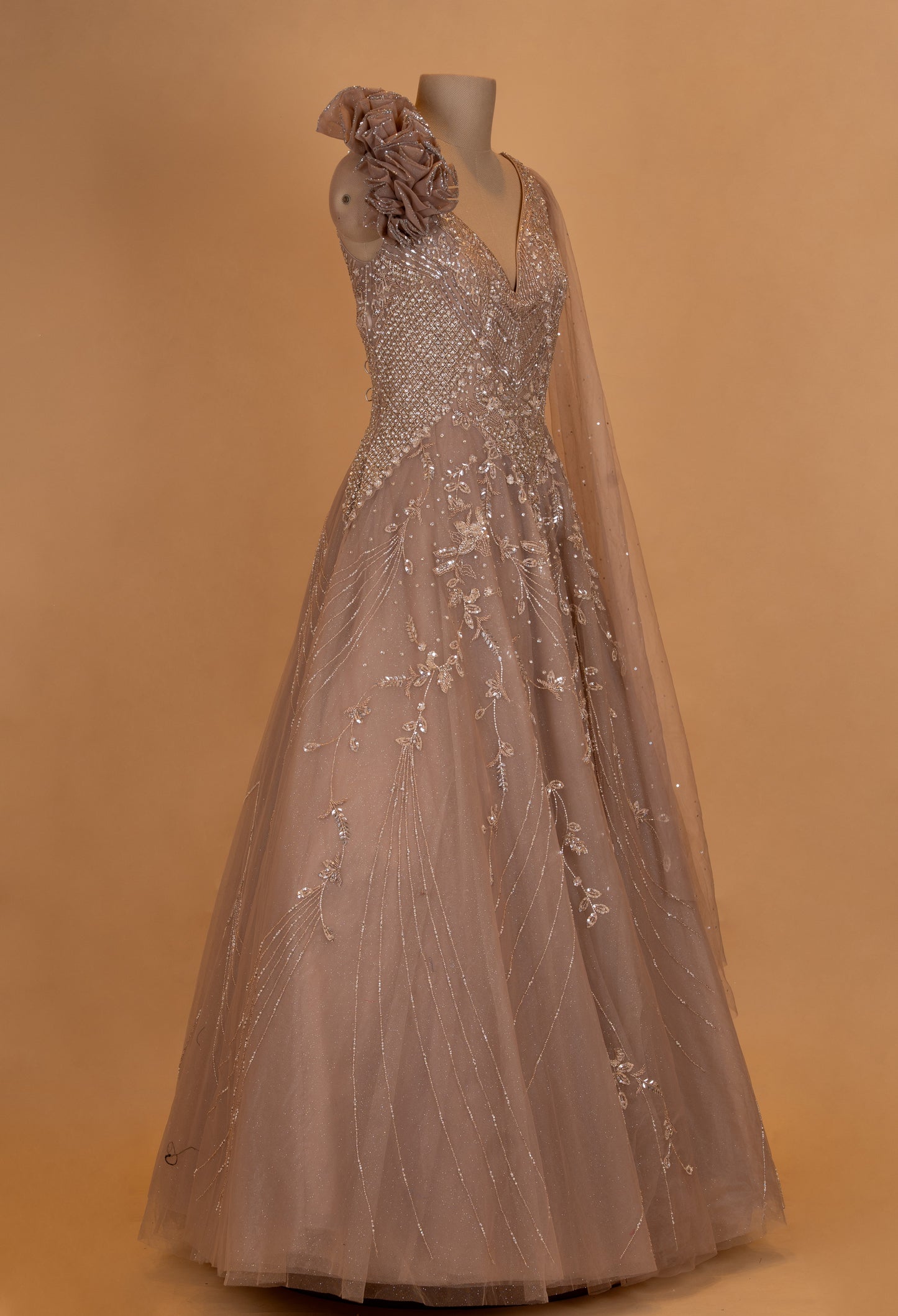 Champagne Beige Embroidered Designer Evening Gown with Cape Dupatta