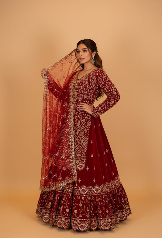 Deep Red Embroidered Anarkali Gown with Net Dupatta
