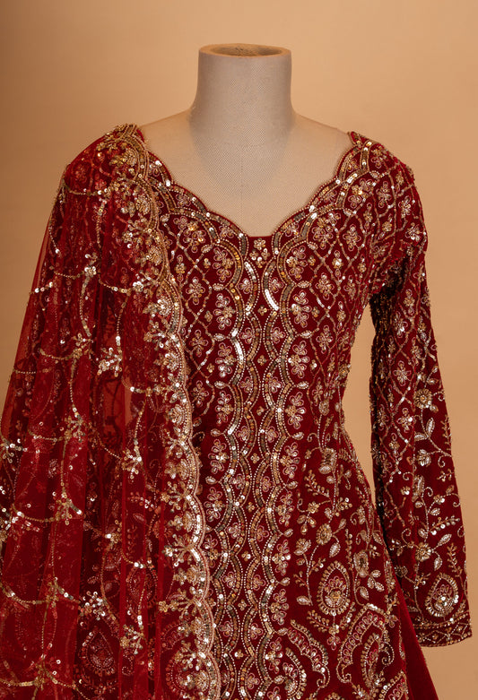 Deep red embroidered Anarkali gown with net dupatta – product image 2