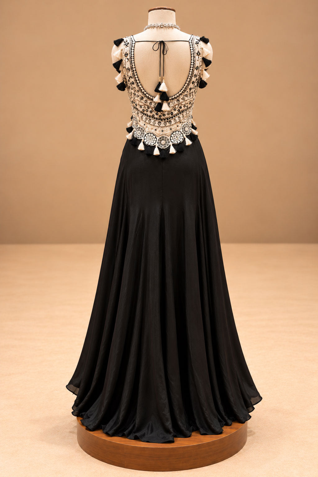 Elegant Black Designer Cape Gown with Gold Embroidered Bodice & Tassel Detailing
