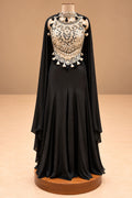 Elegant Black Designer Cape Gown with Gold Embroidered Bodice & Tassel Detailing