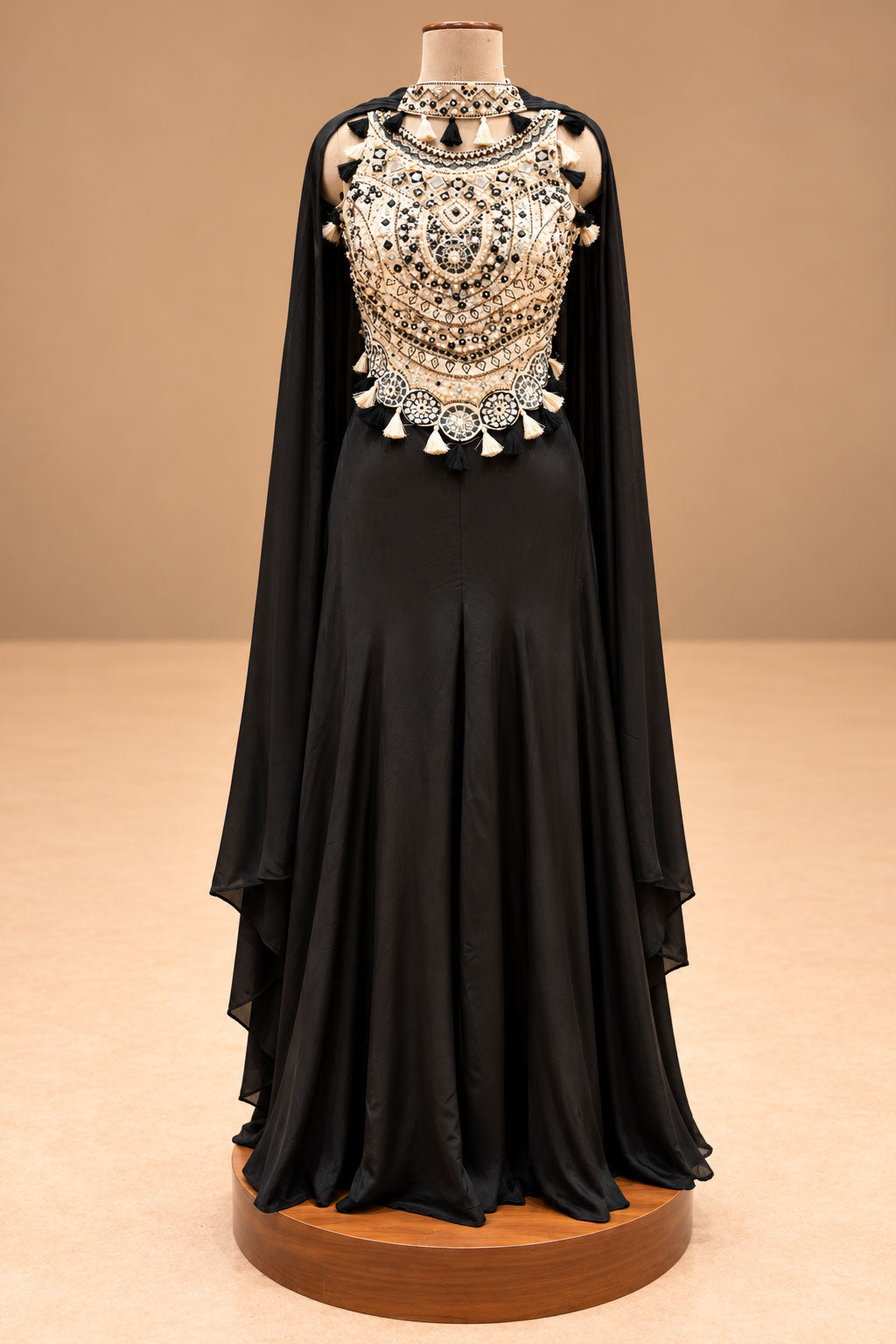 Elegant Black Designer Cape Gown with Gold Embroidered Bodice & Tassel Detailing