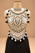 Elegant Black Designer Cape Gown with Gold Embroidered Bodice & Tassel Detailing
