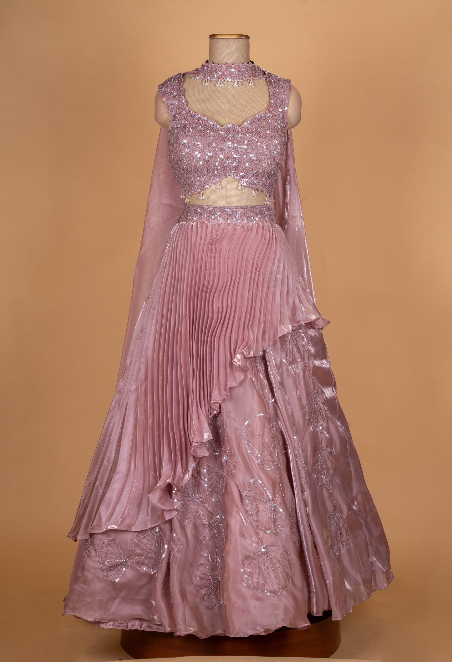 Elegant Mauve Sequin Embroidered Lehenga Set with Layered Skirt & Dupatta