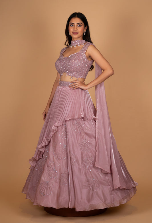 Elegant Mauve Sequin Embroidered Lehenga Set with Layered Skirt & Dupatta