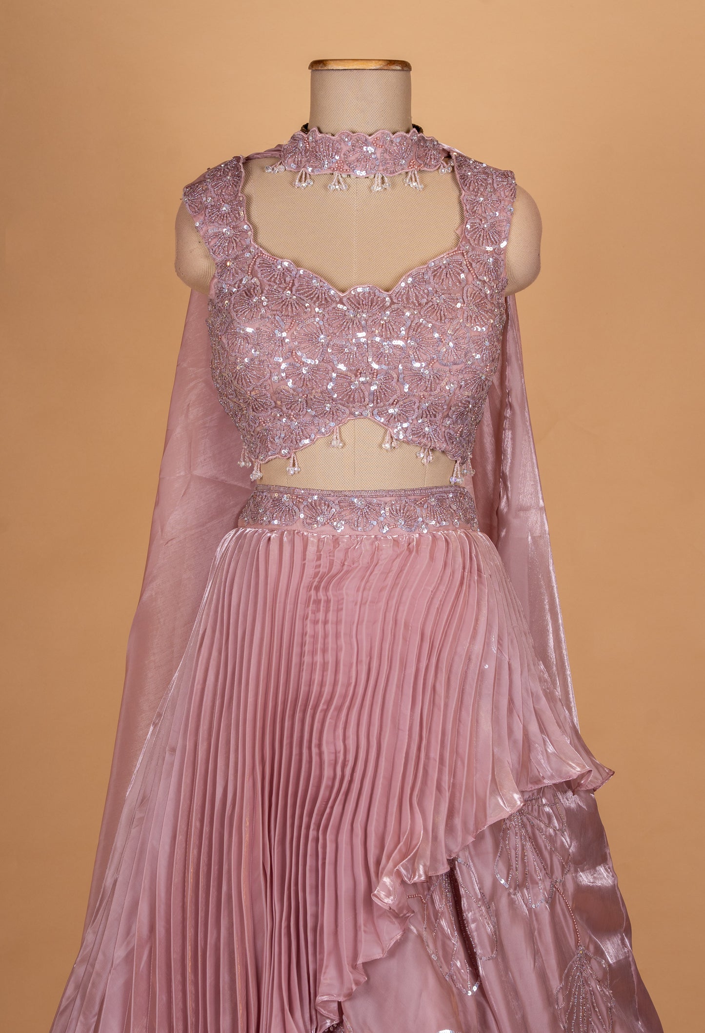 Elegant Mauve Sequin Embroidered Lehenga Set with Layered Skirt & Dupatta