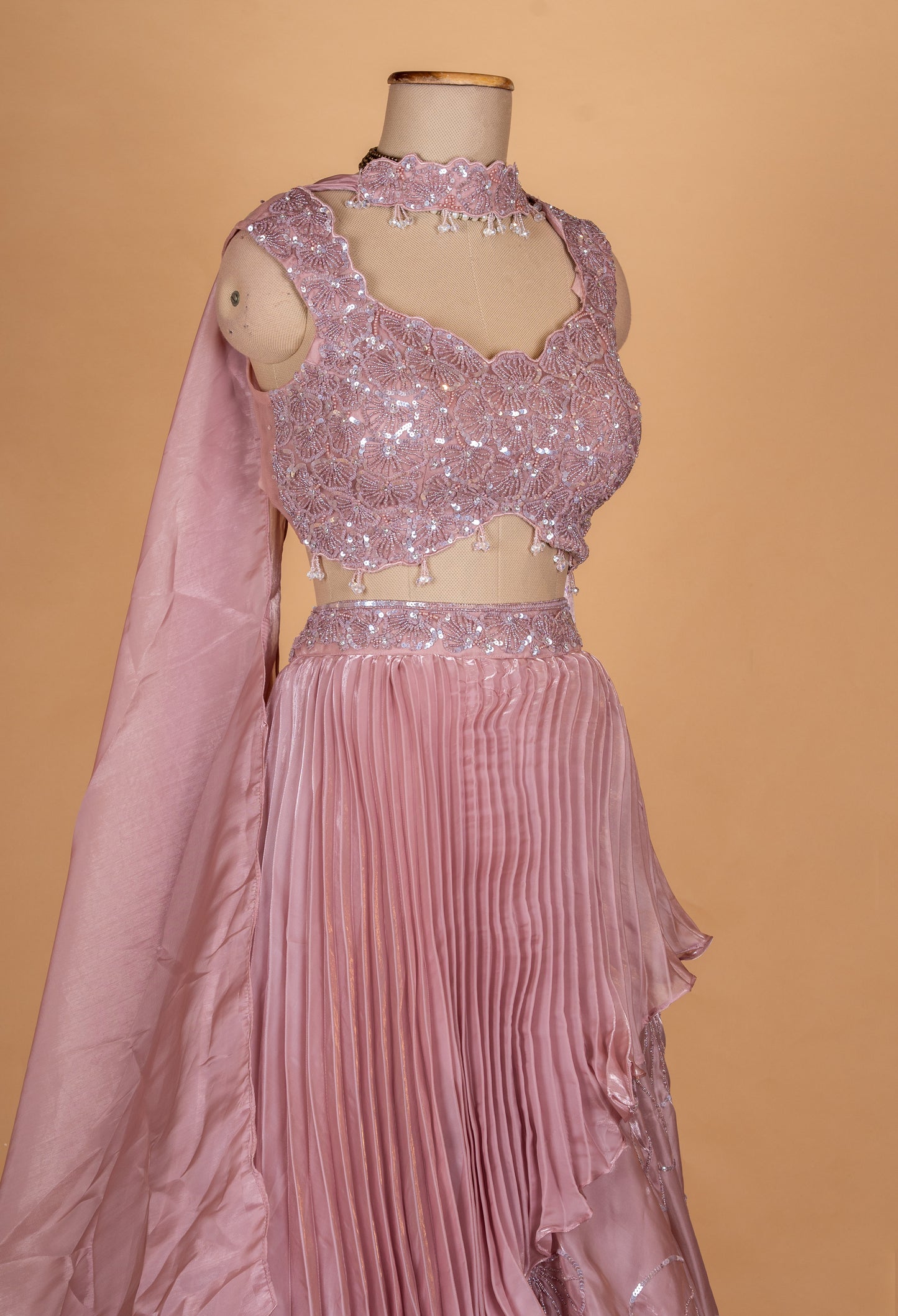 Elegant Mauve Sequin Embroidered Lehenga Set with Layered Skirt & Dupatta