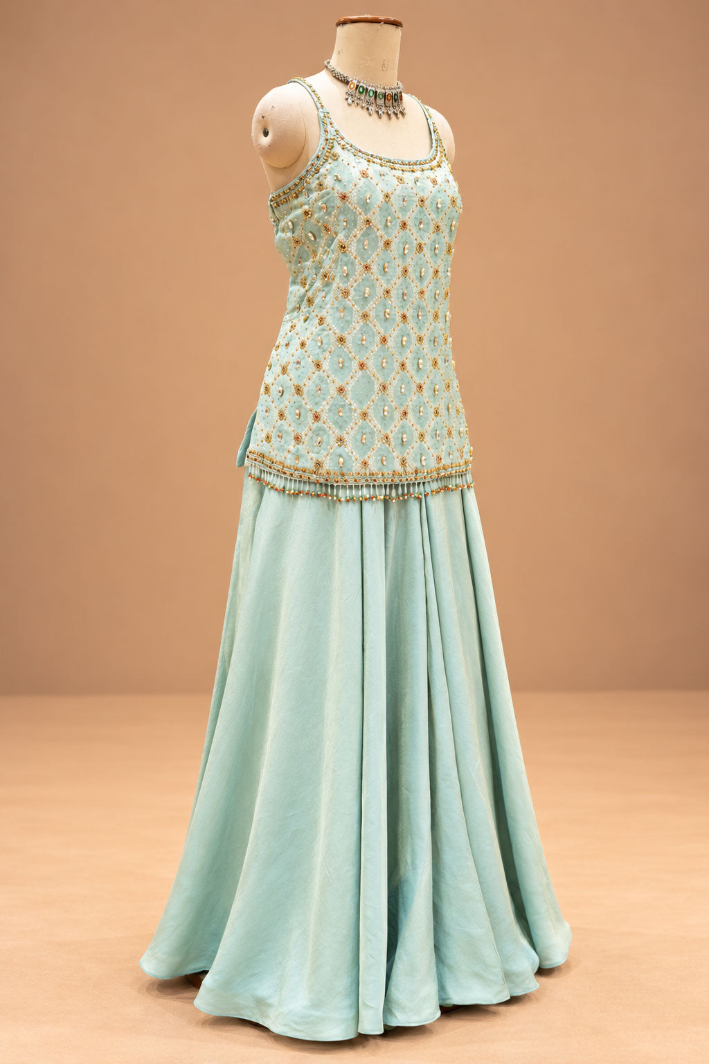 Elegant Mint Green Embroidered Lehenga Set with Matching Dupatta
