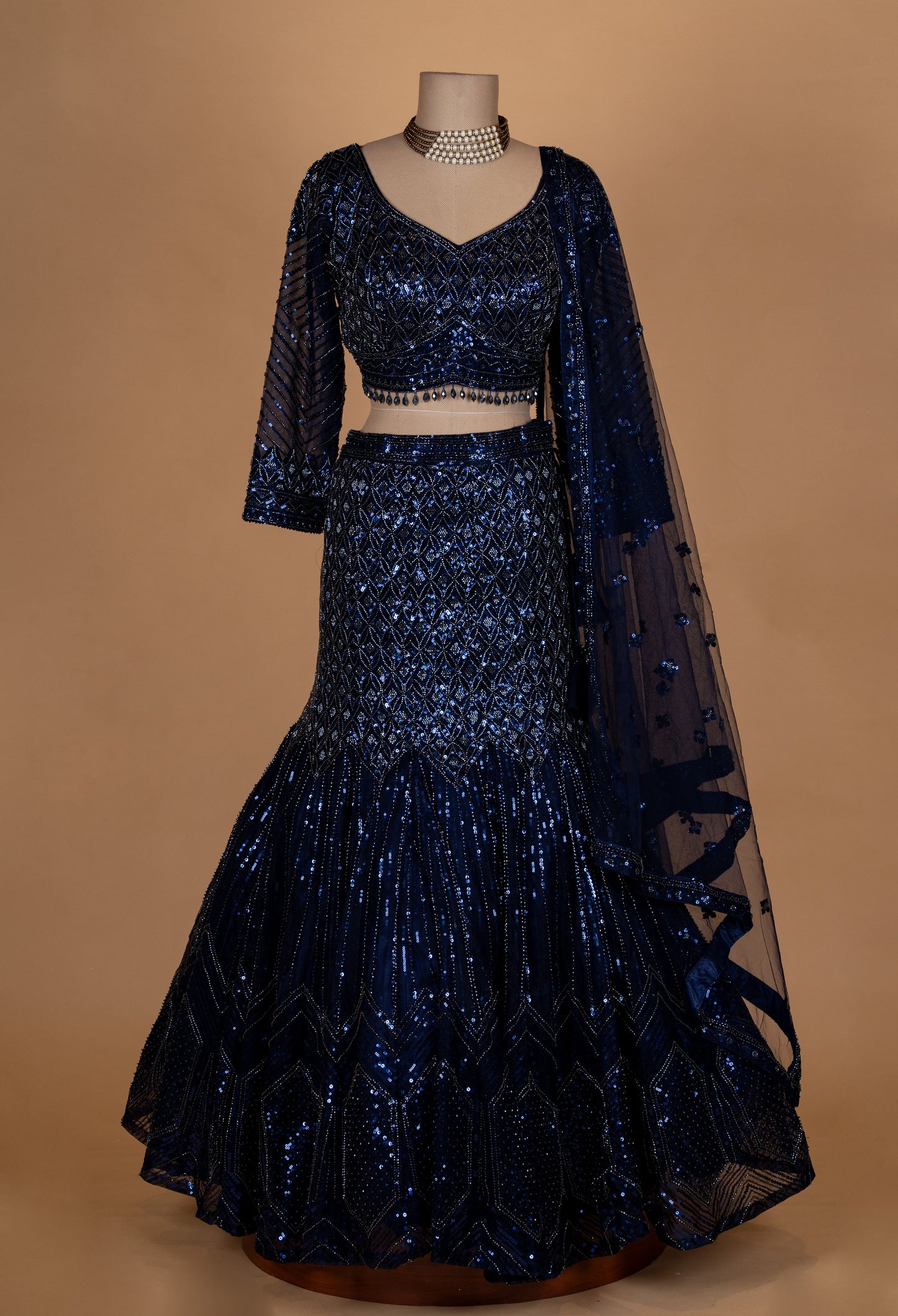 Midnight Blue Sequin Embroidered Lehenga Set with Net Dupatta