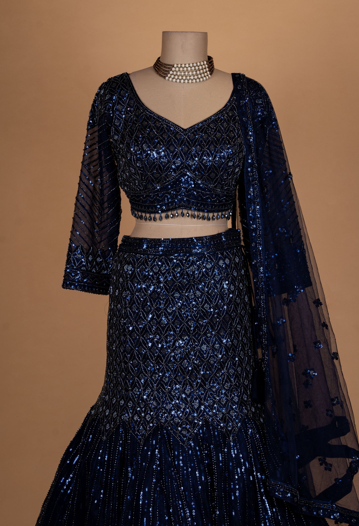 Midnight Blue Sequin Embroidered Lehenga Set with Net Dupatta