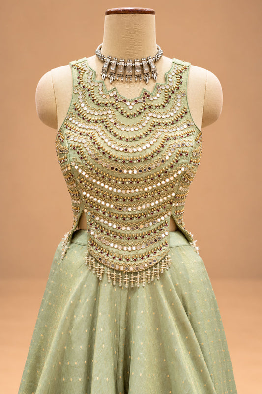 Elegant Sage Green Designer Lehenga Set with Embellished Blouse & Cape Dupatta