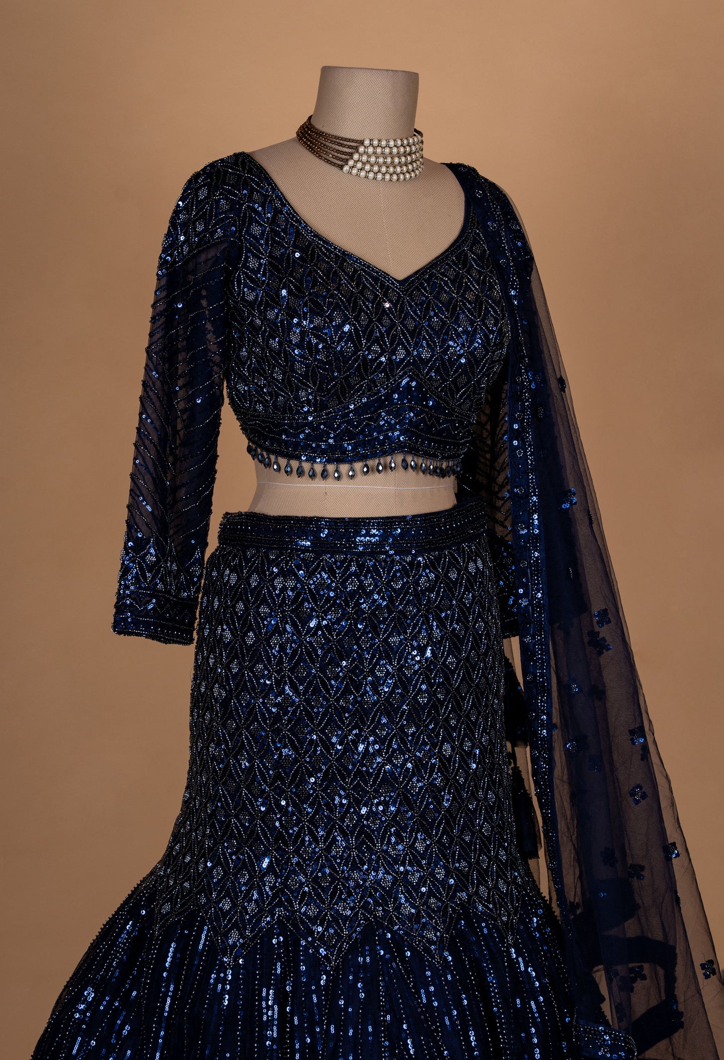 Midnight Blue Sequin Embroidered Lehenga Set with Net Dupatta