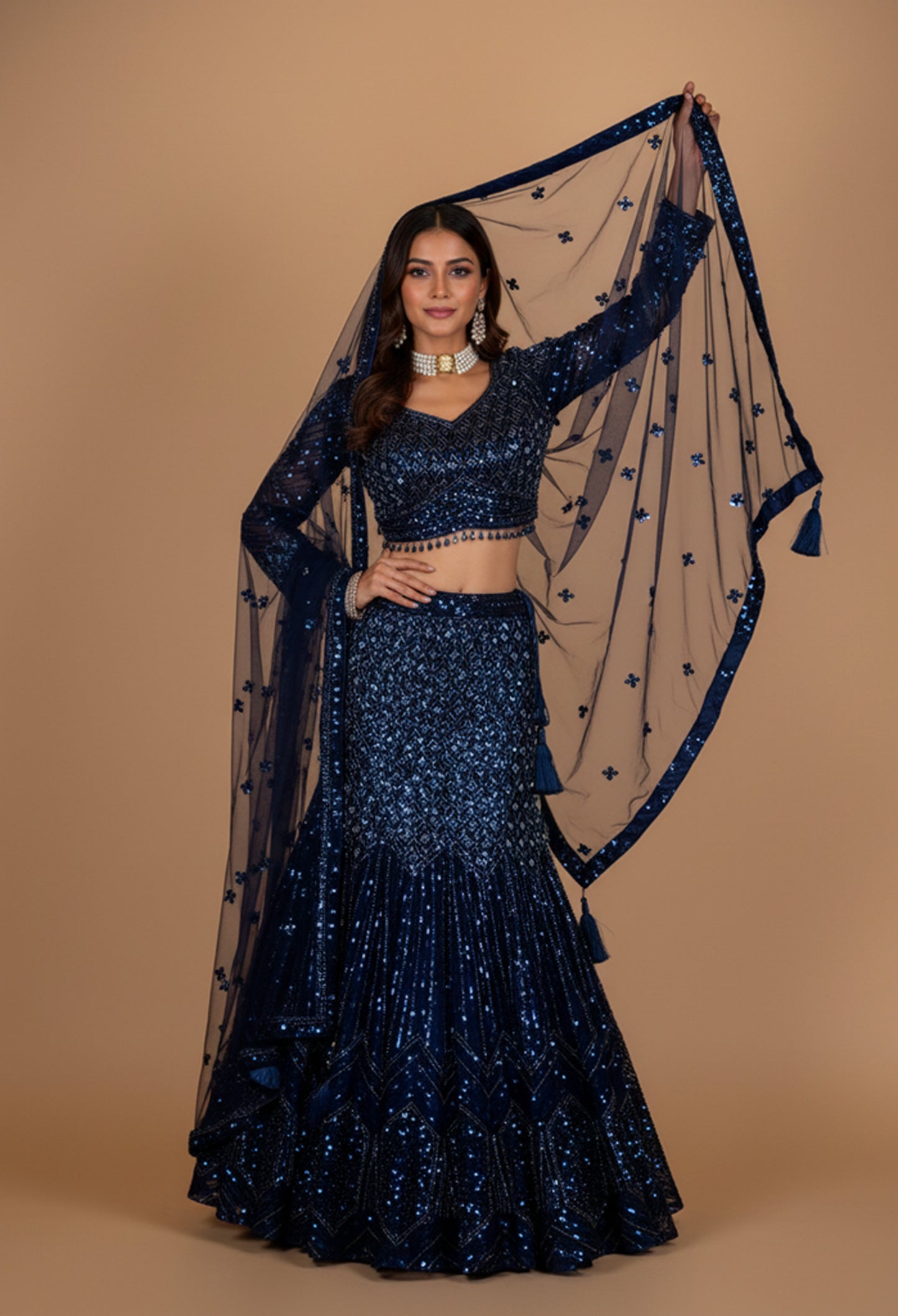 Midnight Blue Sequin Embroidered Lehenga Set with Net Dupatta