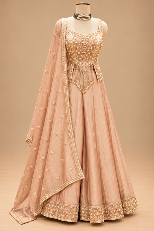 Elegant Peach Gold Embroidered Sharara Set with Designer Dupatta