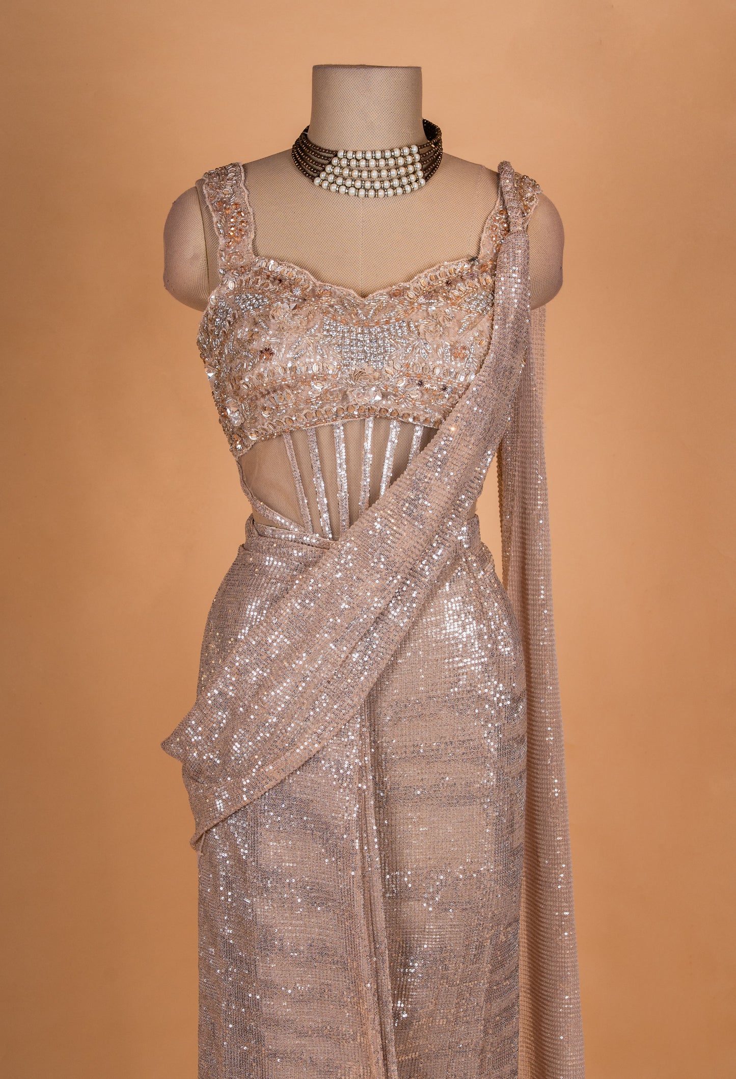 Champagne Gold Sequin Designer Saree with Embellished Blouse