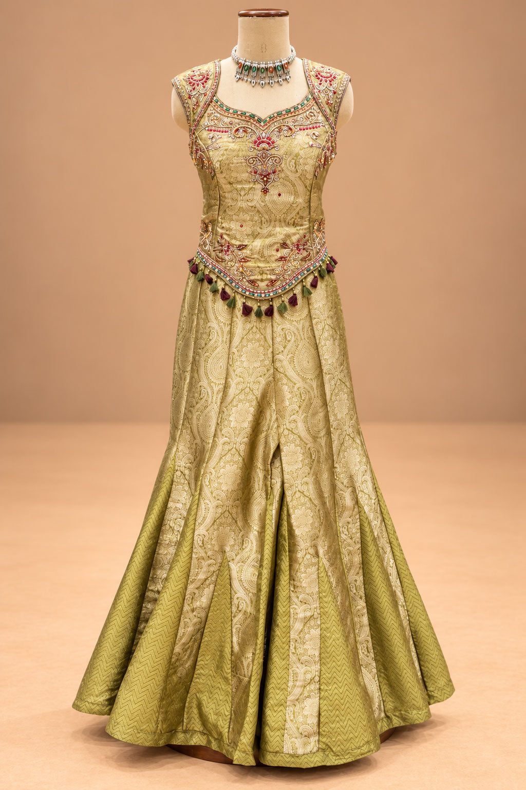 Elegant Olive Green Designer Anarkali Gown with Golden Jacquard Work & Matching Dupatta