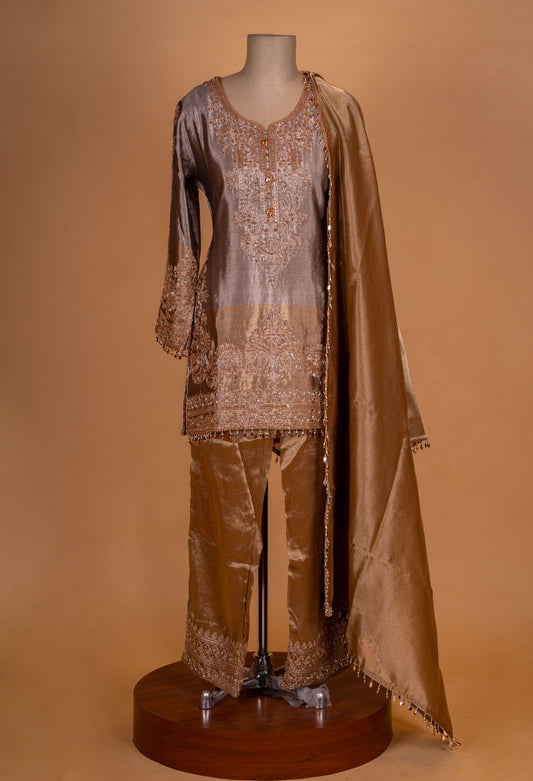 Bronze embroidered kurta palazzo set with silk-finish dupatta – product image 2