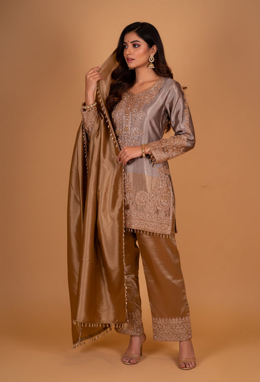 Elegant Bronze Embroidered Kurta Palazzo Set with Silk Dupatta