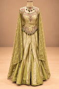 Elegant Olive Green Designer Anarkali Gown with Golden Jacquard Work & Matching Dupatta