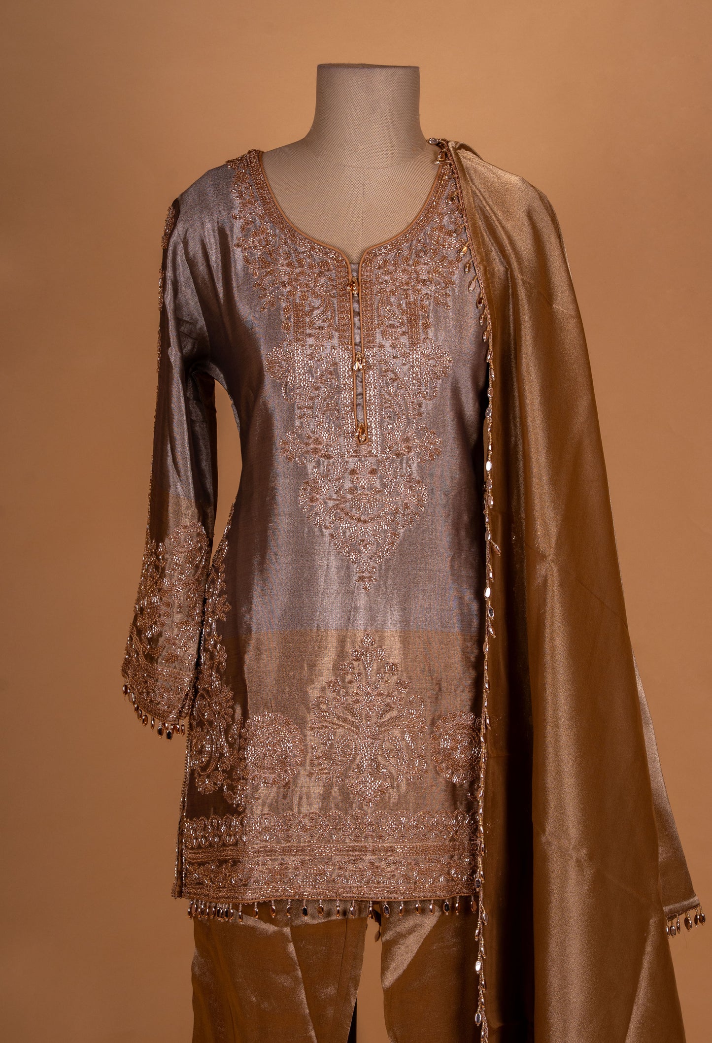 Elegant Bronze Embroidered Kurta Palazzo Set with Silk Dupatta