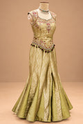 Elegant Olive Green Designer Anarkali Gown with Golden Jacquard Work & Matching Dupatta