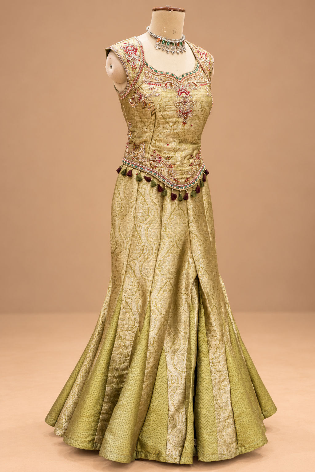 Elegant Olive Green Designer Anarkali Gown with Golden Jacquard Work & Matching Dupatta