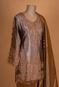 Elegant Bronze Embroidered Kurta Palazzo Set with Silk Dupatta