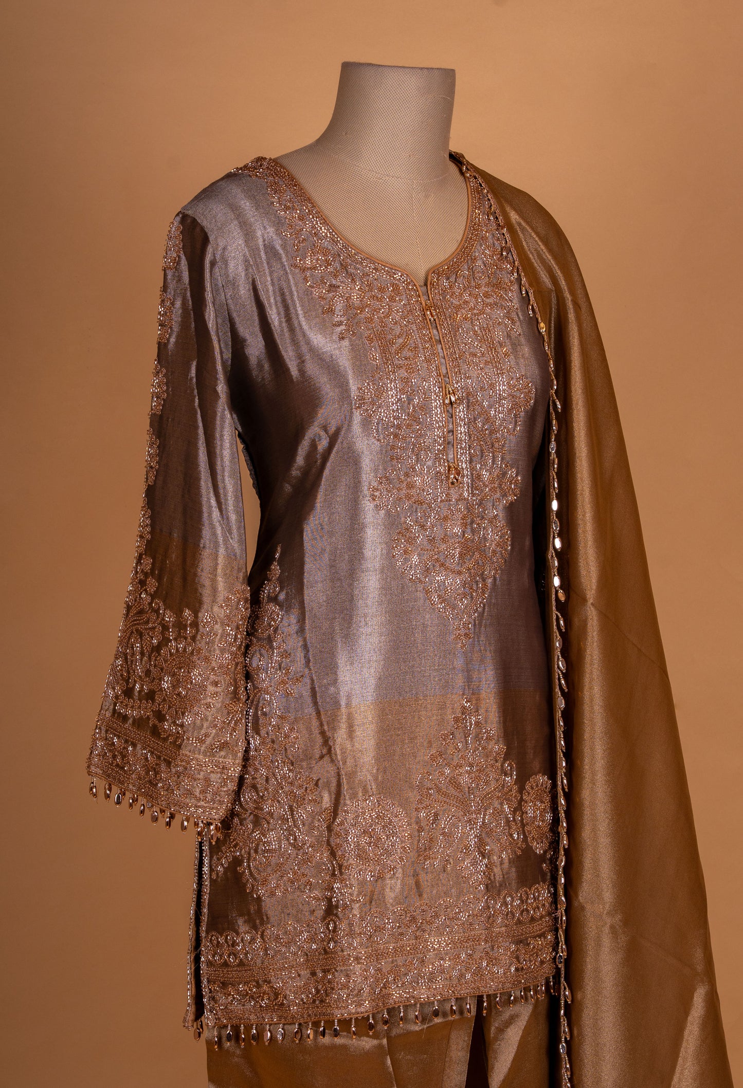 Elegant Bronze Embroidered Kurta Palazzo Set with Silk Dupatta