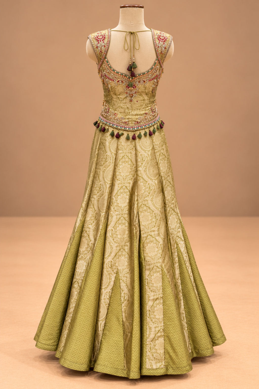 Elegant Olive Green Designer Anarkali Gown with Golden Jacquard Work & Matching Dupatta