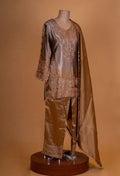Elegant Bronze Embroidered Kurta Palazzo Set with Silk Dupatta
