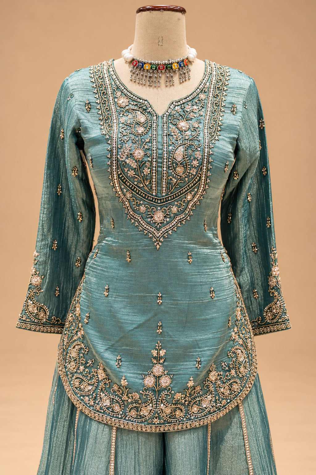 Elegant Teal Blue Embroidered Sharara Set with Matching Dupatta