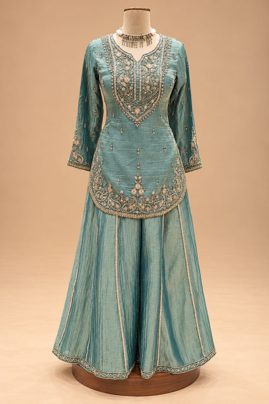 Elegant Teal Blue Embroidered Sharara Set with Matching Dupatta