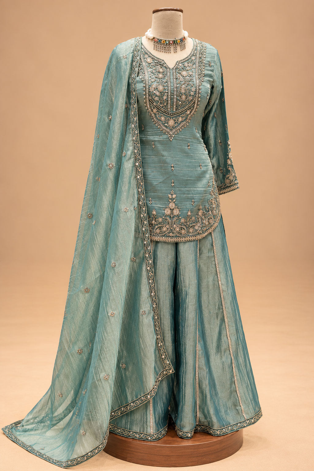 Elegant Teal Blue Embroidered Sharara Set with Matching Dupatta