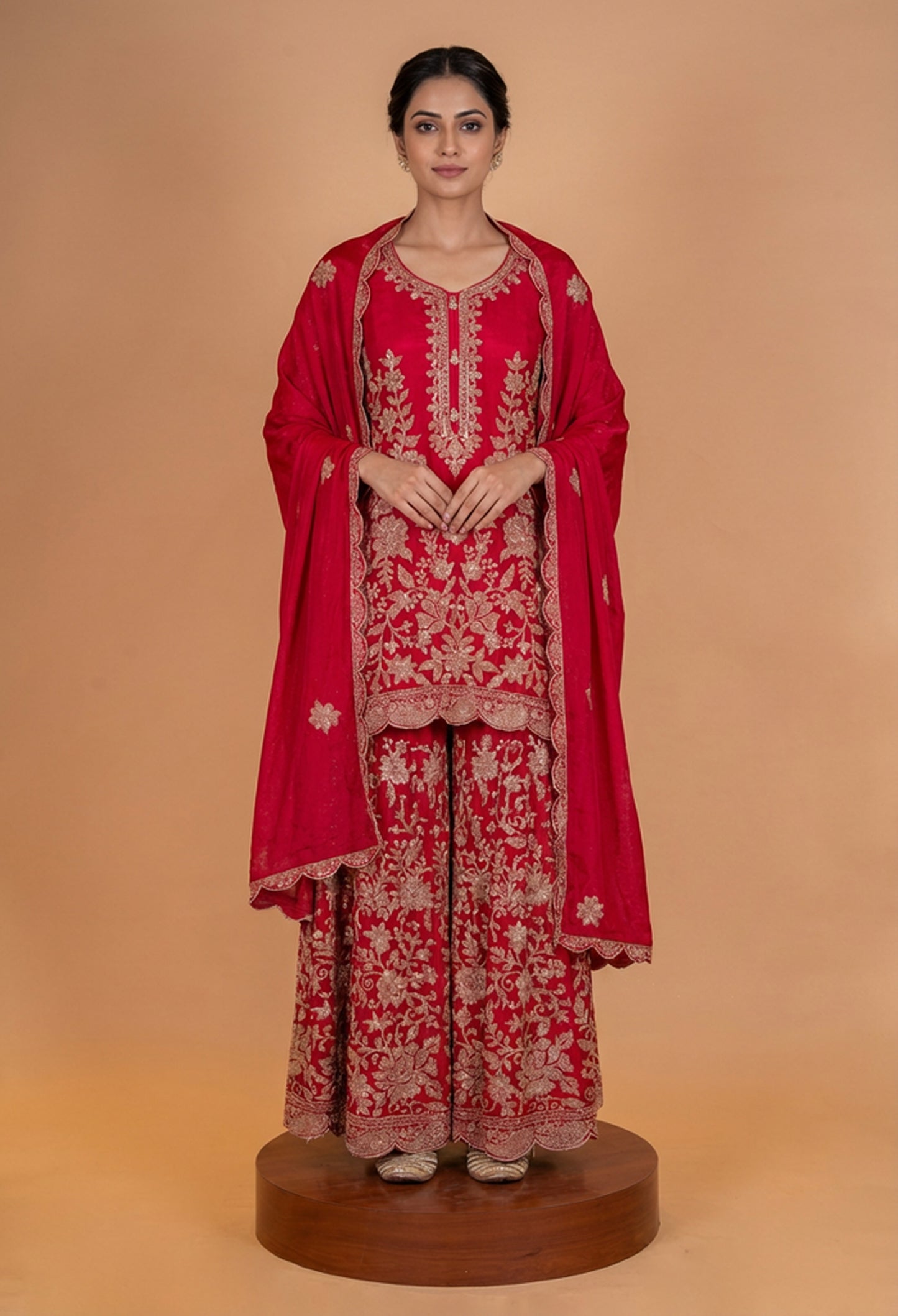 Royal Red Embroidered Kurta Palazzo Set with Dupatta